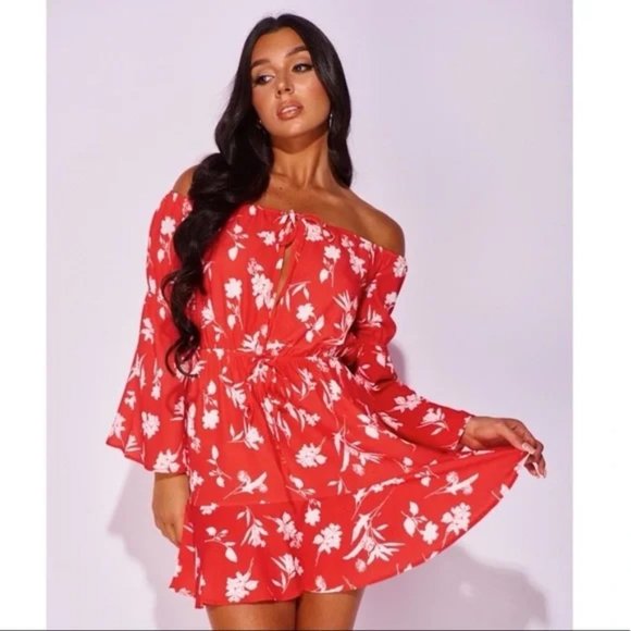 Red Floral Print Long Sleeve Off Shoulder Mini Skater Dress - Picture 1 of 15